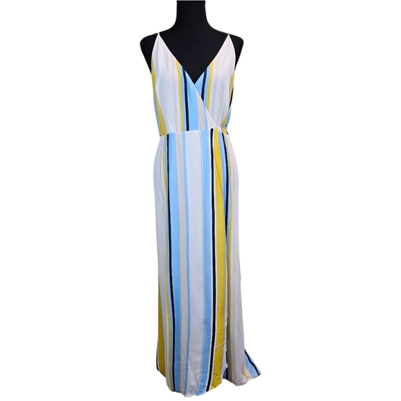 Yumi Kim Striped V-Neck Wrap Full Length Maxi Dress Medium White Spaghetti Strap - Picture 3 of 14